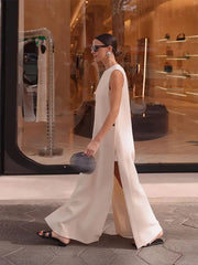 Maxi Dress Women Button Side Split Sleeveless Elegant Solid O-Neck Loose Boho Vacation Party Summer