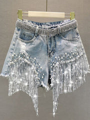 High Waist Wide Leg Denim Shorts Women Tassel Beading Elegant Casual Summer Fashion
