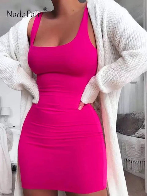 Mini Dress Women Sleeveless Solid Basic Tank Square Collar Stretchy Bodycon Skinny Club Party Summer