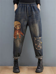 High Waist Cartoon Embroidered Jeans Women Casual Denim Comfortable Everyday Fashion Trousers