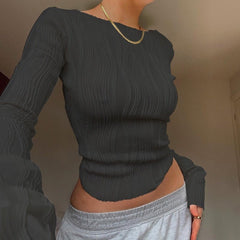 Ruched Ribbed Crop Top Women Long Sleeve Pullover Y2K Casual Streetwear Everyday Fashion