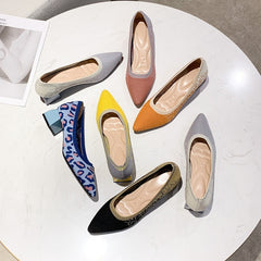 Knitted Block Heel Pumps Women Pointed Toe Breathable Comfortable Everyday Office Casual Fashion