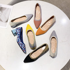 Knitted Block Heel Pumps Women Pointed Toe Breathable Comfortable Everyday Office Casual Fashion