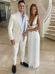 Maxi Dress Women Patchwork Tassel Hem Backless White Bandage Sleeveless High Waist Beach Party Summer