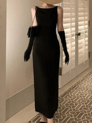 Maxi Dress Women Sleeveless Elegant Bodycon Solid Chic Vintage Casual Summer Long Dress