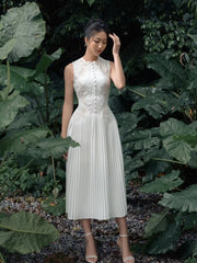 Midi Dress Women Flower Embroidered White Lace Sleeveless Pleated Chiffon Wedding Party Prom Summer