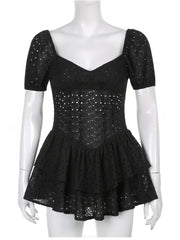 Mini Dress Women V-Neck Ruffled Pleated Puff Short Sleeve Hollow Out Chic Vintage Summer Party Dress