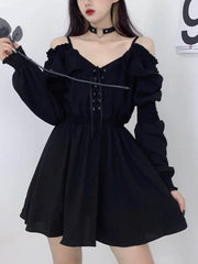 Mini Dress Women Plus Size Gothic Black Off-Shoulder High Waist Long Sleeve V-Neck Vintage Party Dress
