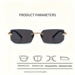Sunglasses with gold frame and dark lenses on a white background, featuring product parameters.