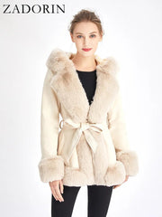 Faux Fur Coat Women Faux Suede Furry Hood Belt Thick Warm Vegan Cardigan Winter Jacket Outerwear