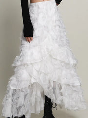 Women's White Irregular Tassel Tiered Skirt For Women A-line High Elastic Waist Layered Skirts