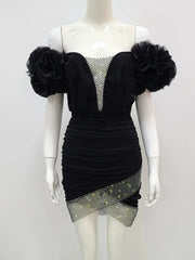 Mini Dress Women Off-Shoulder Ruffle Mesh Crystal Diamond Black Bandage Bodycon Elegant Evening Party