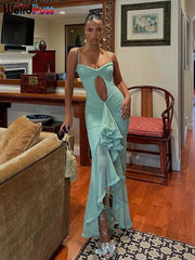 Maxi Dress Women Hollow Ruffle Spaghetti Strap Irregular Tassel Patchwork Mesh Skinny Summer Party