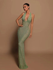 Sequin Maxi Dress Women Halter Deep V-Neck Green Sleeveless Backless Slim Elegant Wedding Party Prom