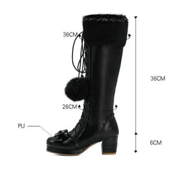 Winter Boots Women High Warm Fur Lolita Princess Lace-Up Bowtie Chunky Heel Side Zipper PU Leather