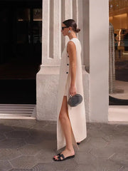 Maxi Dress Women Button Side Split Sleeveless Elegant Solid O-Neck Loose Boho Vacation Party Summer