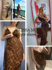 Maxi Dress Women Leopard Print V-Neck Bodycon Lace-Up Spaghetti Strap Backless Elegant Party Dress
