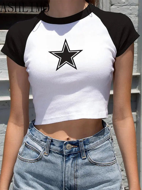 T-Shirt Women Y2K Star Retro Short Sleeve Crop Top Aesthetic Navel Fashion Casual Tee Top
