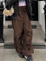Low Waist Parachute Cargo Pants Women Loose Drawstring Wide Leg Casual Streetwear Fashion