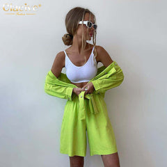 Elegant Loose High Waist Shorts Set Long Sleeve Blouse 2-Piece Suit