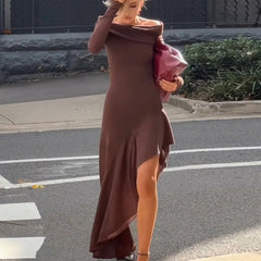 Backless Knit Midi Dress Women Stretchy Slash Neck Draped Ruffle Irregular Party Fashion Dress