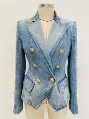 Denim Blazer Women Slim Fit Double Breasted Gold Lion Button Jean Jacket Chic Fashion Outerwear