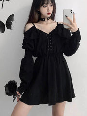 Mini Dress Women Plus Size Gothic Black Off-Shoulder High Waist Long Sleeve V-Neck Vintage Party Dress