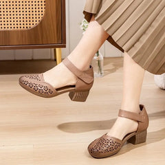 Sandals Women Retro Genuine Leather Hollow Out Breathable Round Toe Thick Heel Versatile Summer Shoes