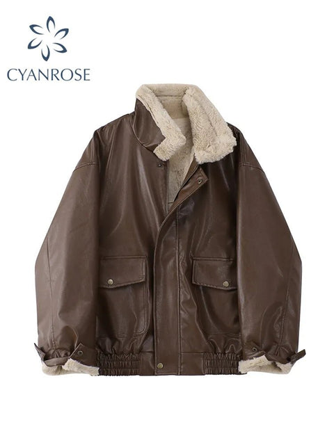 Faux Leather Jacket Women Fur Collar Lining Loose Warm Lamb Wool Vintage Thick Lapel Motorcycle Coat