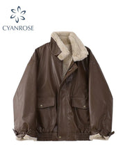 Faux Leather Jacket Women Fur Collar Lining Loose Warm Lamb Wool Vintage Thick Lapel Motorcycle Coat