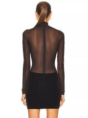Mini Dress Women Turtleneck Long Sleeve Mesh Black Bodycon Bandage Elegant Evening Club Party Dress