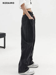 High Waist Wide Leg Jeans Women Black Baggy Vintage Streetwear Big Pocket Denim Trousers Fashion