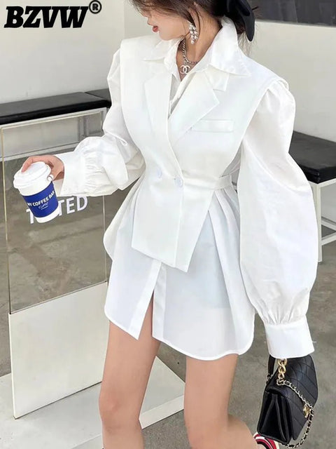 Blazer Dress Women Contrast Color Long Sleeve High Waist Faux 2-Piece Chic Contemporary Trend Dress