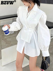 Blazer Dress Women Contrast Color Long Sleeve High Waist Faux 2-Piece Chic Contemporary Trend Dress