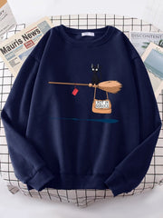 Cat Graphic Sweatshirt Women Cute Halloween Crewneck Fleece Warm Loose Casual Autumn Fashion