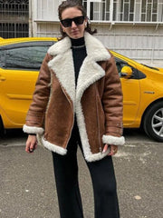 Faux Fur Lapel Coat Women Long Sleeve Zipper Pockets Thick Warm Casual Winter Outerwear Fashion