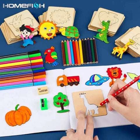 Drawing Stencil Template Kids Wooden Montessori 20pcs DIY Painting Educational Learning Toy Gift