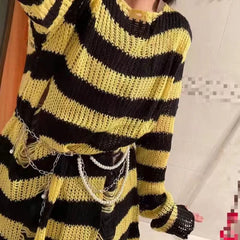 Gothic Punk Sweater Unisex Long Hollow Out Hole Distressed Casual Streetwear Fashion Top