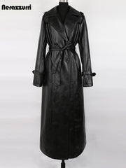 PU Vegan Leather Trench Coat Women Waterproof Luxury Elegant Chic Winter Outerwear Fashion