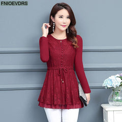 Long Sleeve Tunic Blouse Women Elegant Patchwork Sheer Design Long Top Casual Fashion