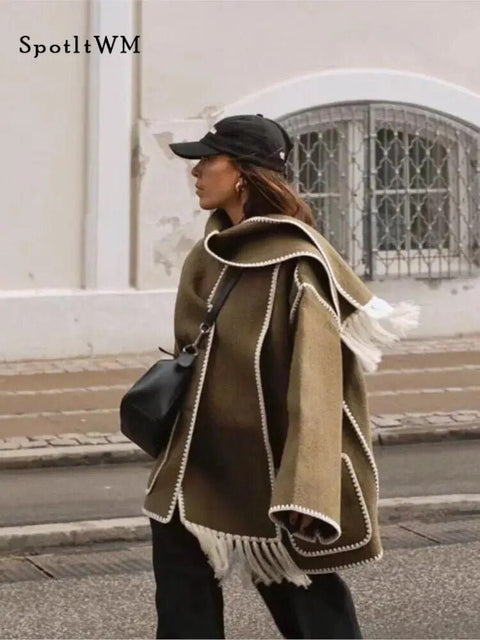 Winter Coat Women Warm Scarf Single Breasted Elegant Pockets Loose Streetwear Casual Outerwear Fashion