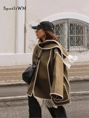Winter Coat Women Warm Scarf Single Breasted Elegant Pockets Loose Streetwear Casual Outerwear Fashion