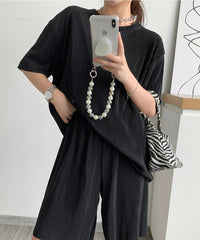 Shirt & Shorts Set Women Retro Waffle Knit Loose Short Sleeve Round Neck 2-Piece Casual Fashion