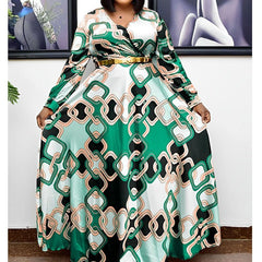 Plus Size Geometric Print Maxi Dress Women Long Sleeve V-Neck A-Line Casual Spring Autumn Fashion