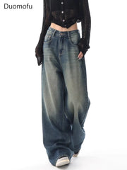 Vintage High Waist Jeans American Basic Simple Casual Fashion S-XL Baggy Distressed Jeans for Women