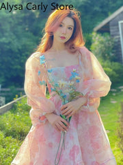 Midi Dress Women Vintage Floral Print Irregular Hem Puff Sleeve Elegant Fairy Chic Party Dress
