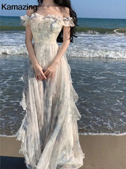 Maxi Dress Women Bohemian Print French Elegant Ruffle Strap A-Line Beach Holiday Party Long Dress