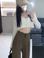 High Waist Wide Leg Pants Women Loose Casual Elegant Straight Thin Button Trousers Office Party Fashion