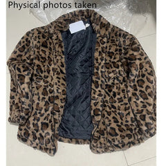 Faux Fur Coat Women Leopard Print Stand-Up Collar Loose Warm Winter Casual Outerwear Fashion