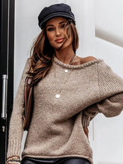 Off Shoulder Sweater Women Boho Vintage Oversized Large Knit Knitwear Casual Winter Fashion Top